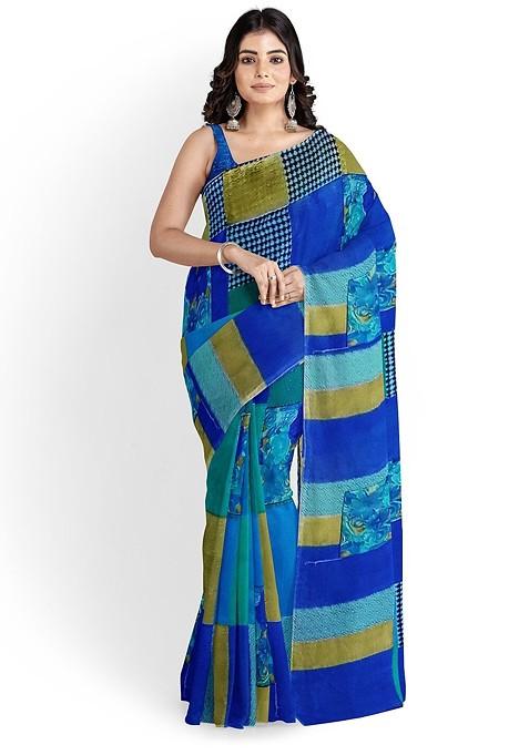 Blue Printed Georgette Saree Set