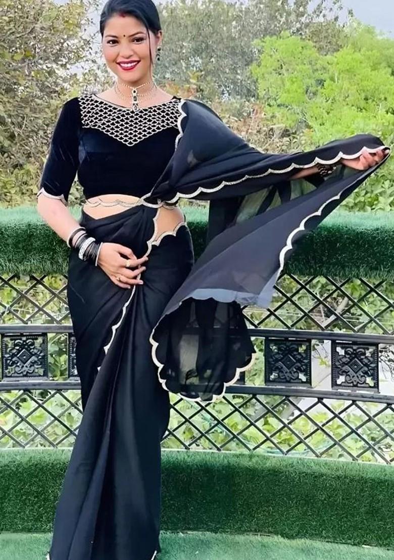 Black Embellished Poly Blend Saree Set