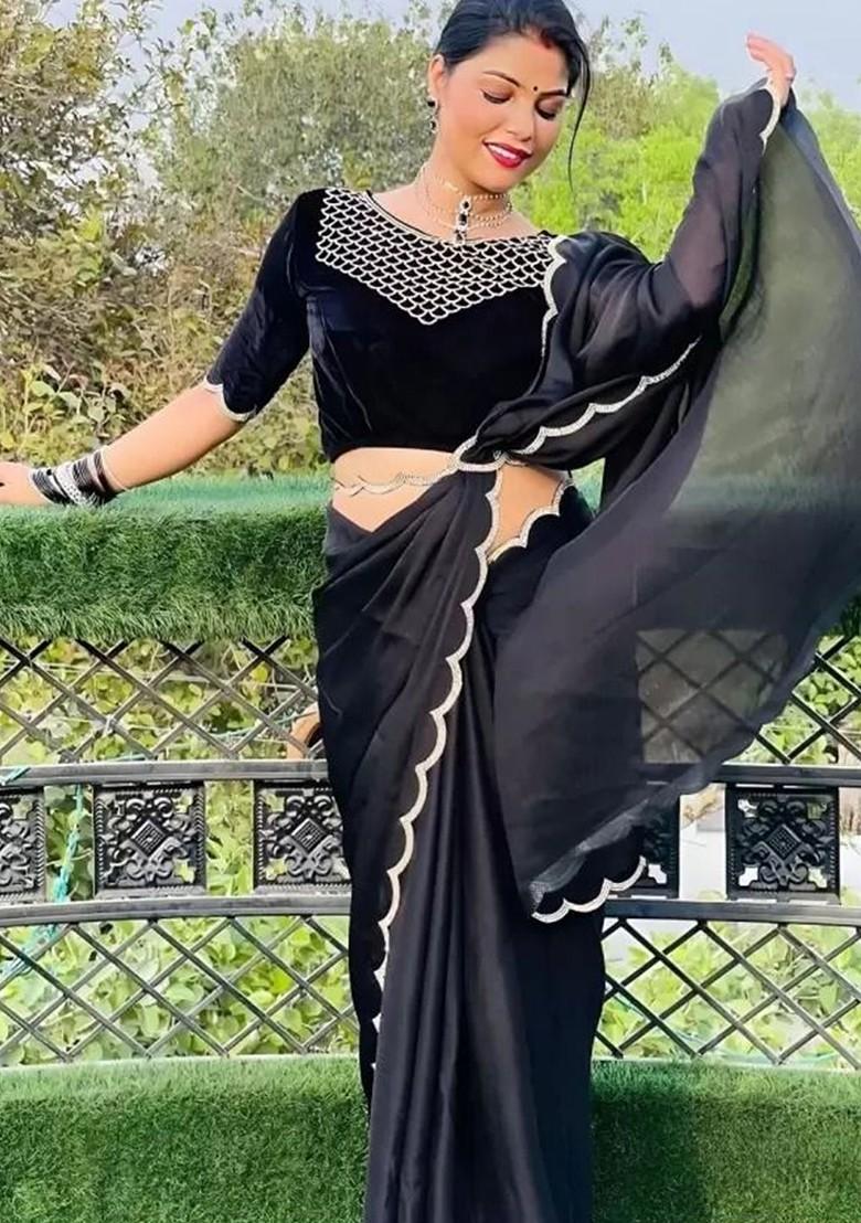 Black Embellished Poly Blend Saree Set