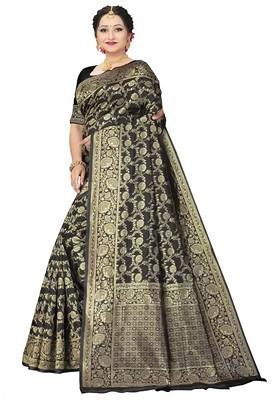 Black woven Silk Saree Set