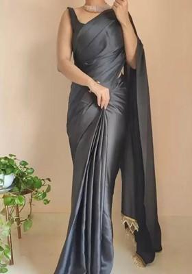 Black Embroidered Satin Saree Set