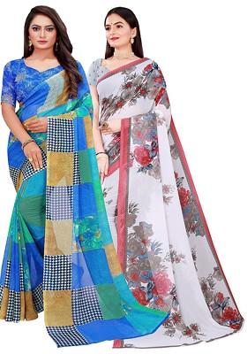 White Embroidered Georgette Saree Set (Set Of 2)