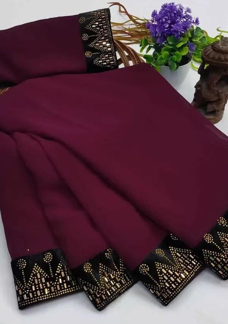 Burgundy Embellished Georgette Saree Set