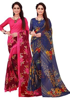 Navy Blue Floral Georgette Saree Set (Set Of 2)