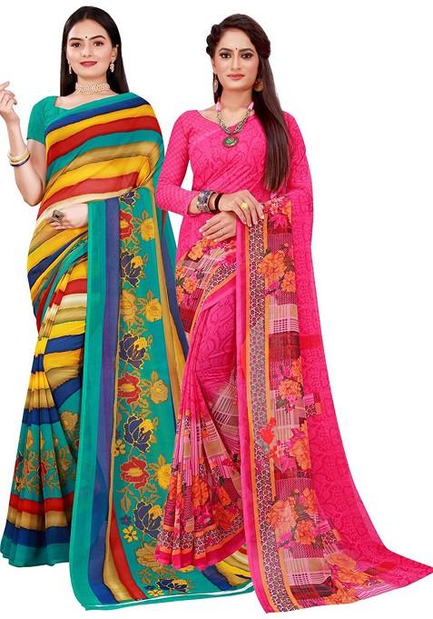 Yellow Floral Georgette Saree Set
