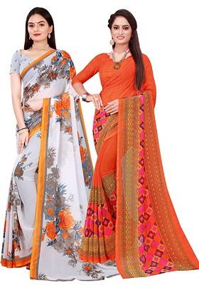 Orange Floral Georgette Saree Set (Set Of 2)