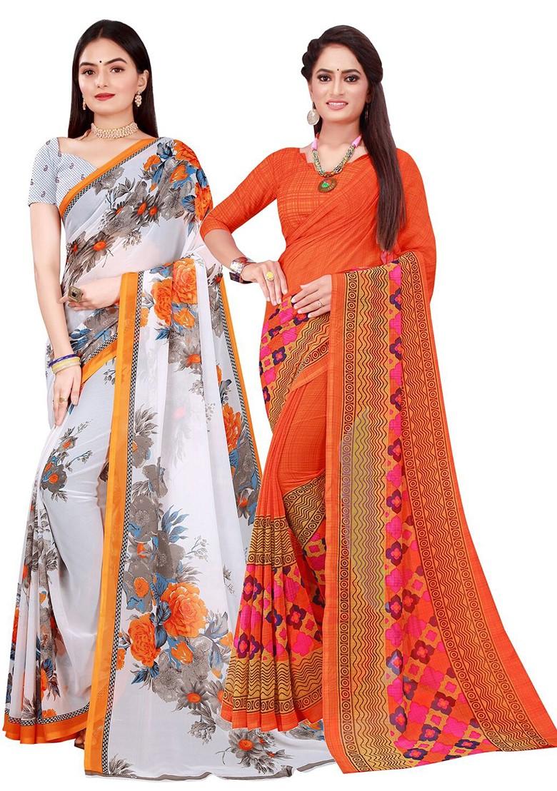 Orange Floral Georgette Saree Set (Set Of 2)