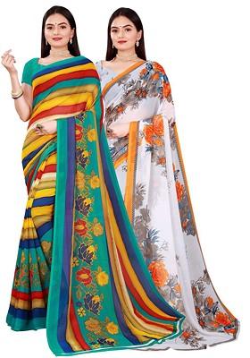 White Floral Georgette Saree Set (Set Of 2)
