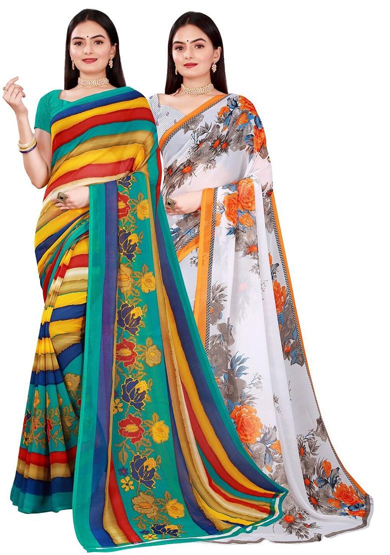 White Floral Georgette Saree Set (Set Of 2)