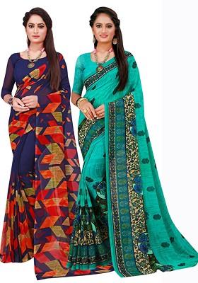 Navy Blue Embroidered Poly Blend Saree Set