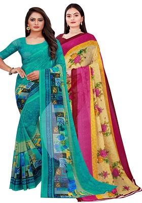 Green Printed Georgette Saree Set