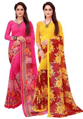 Magenta Embroidered Poly Blend Saree Set
