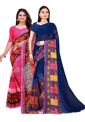 Navy Blue Embroidered Georgette Saree Set (Set Of 2)