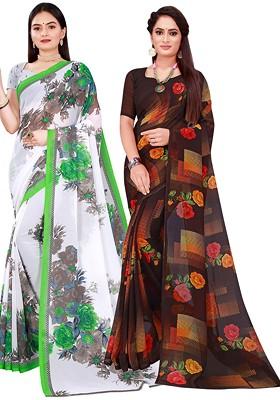 Black Floral Georgette Saree Set (Set Of 2)