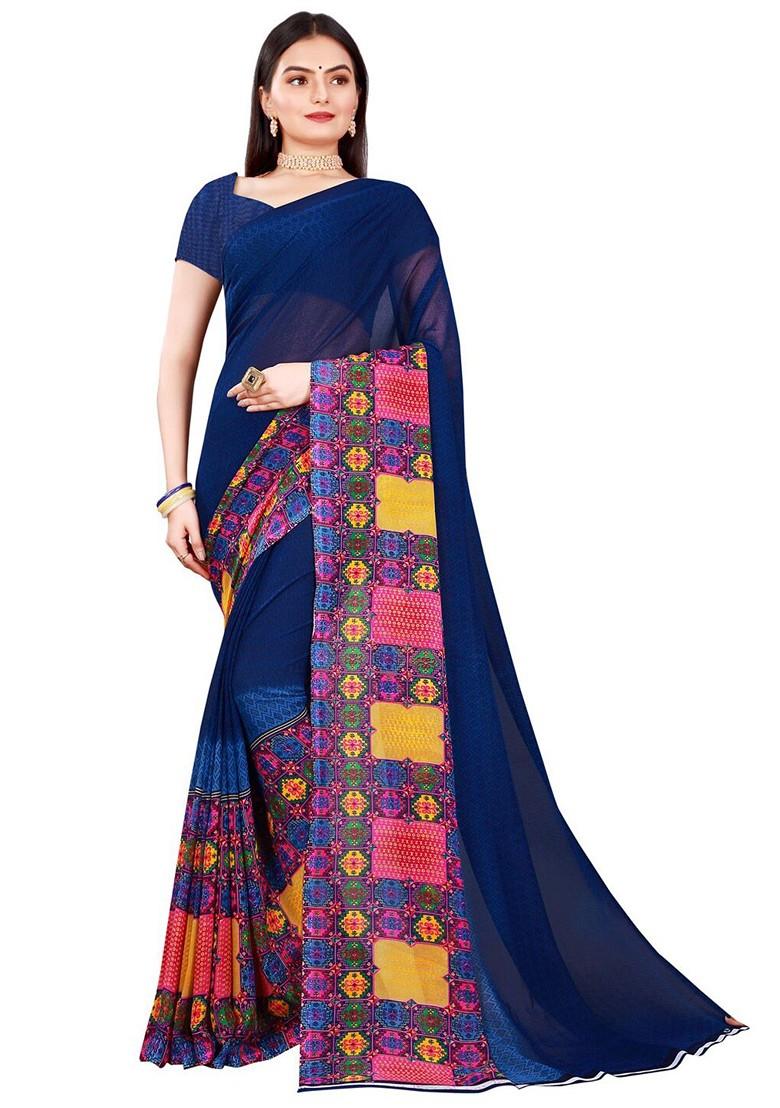Navy Blue Embroidered Georgette Saree Set (Set Of 2)