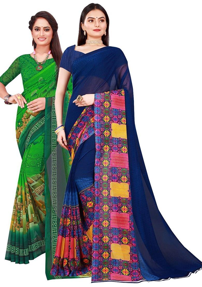 Navy Blue Embroidered Georgette Saree Set (Set Of 2)