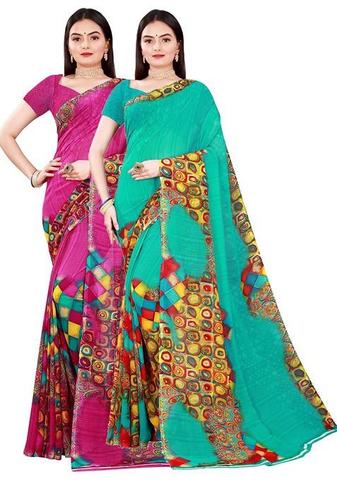 Magenta Printed Georgette Saree Set
