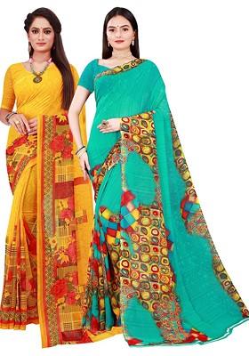 Yellow Printed Georgette Saree Set
