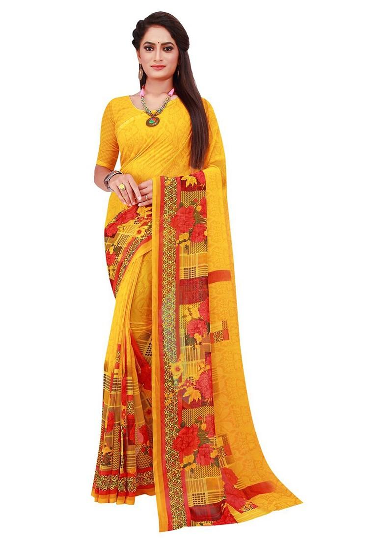 Yellow Printed Georgette Saree Set