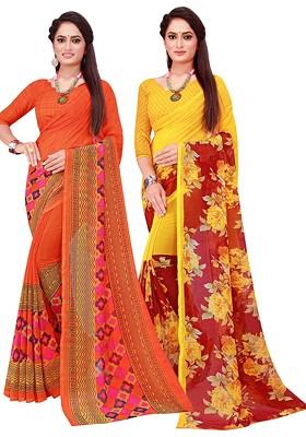 Orange Embroidered Poly Blend Saree Set