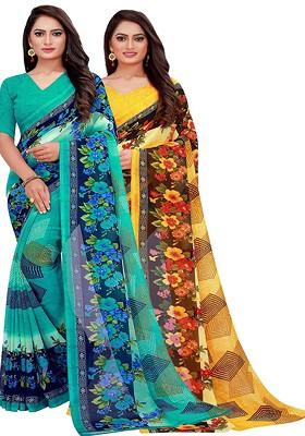Teal Green Floral Georgette Saree Set (Set Of 2)