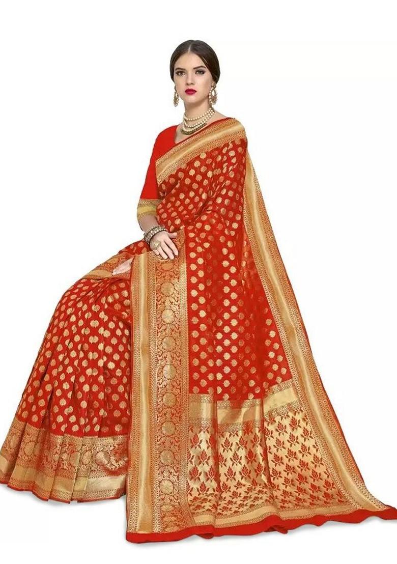 Orange woven Silk Saree Set