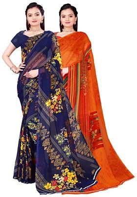 Orange Floral Georgette Saree Set (Set Of 2)