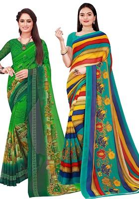 Multi Striped Georgette Saree Set (Set Of 2)
