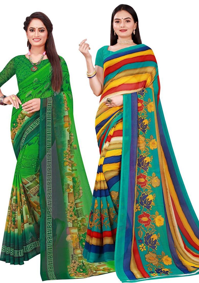 Multi Striped Georgette Saree Set (Set Of 2)