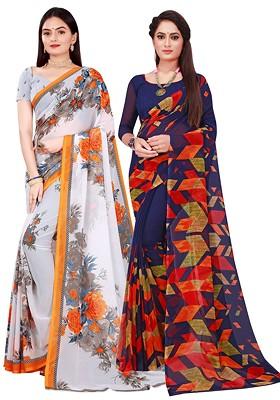 Navy Blue Embroidered Georgette Saree Set (Set Of 2)