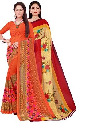 Orange Printed Georgette Saree Set (Set Of 2)