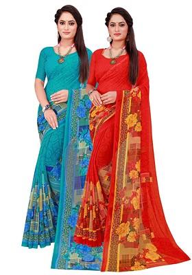 Turquoise Blue Embroidered Georgette Saree Set (Set Of 2)