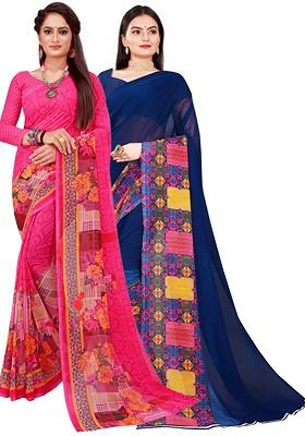 Pink Embroidered Georgette Saree Set (Set Of 2)