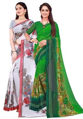 White Floral Georgette Saree Set (Set Of 2)