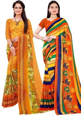 Yellow Striped Georgette Saree Set (Set Of 2)