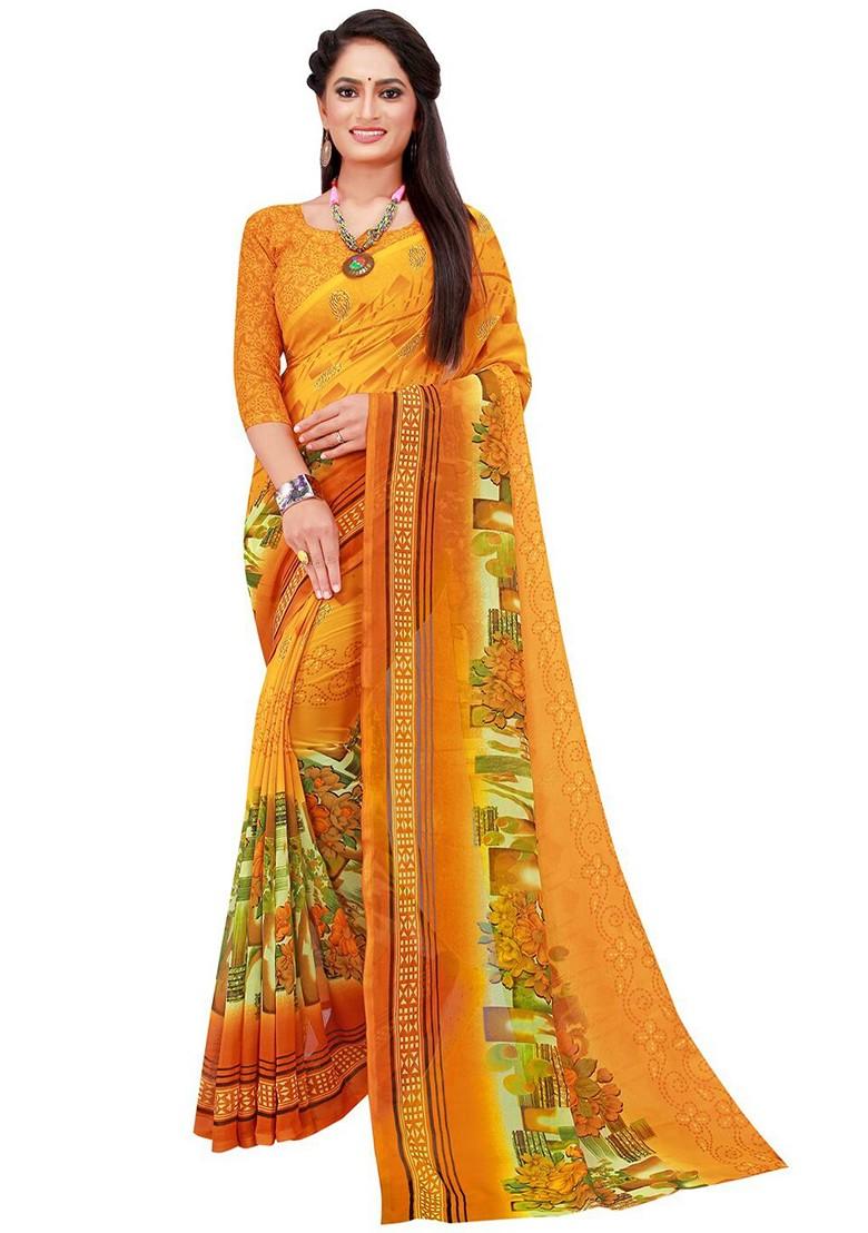 Yellow Striped Georgette Saree Set (Set Of 2)