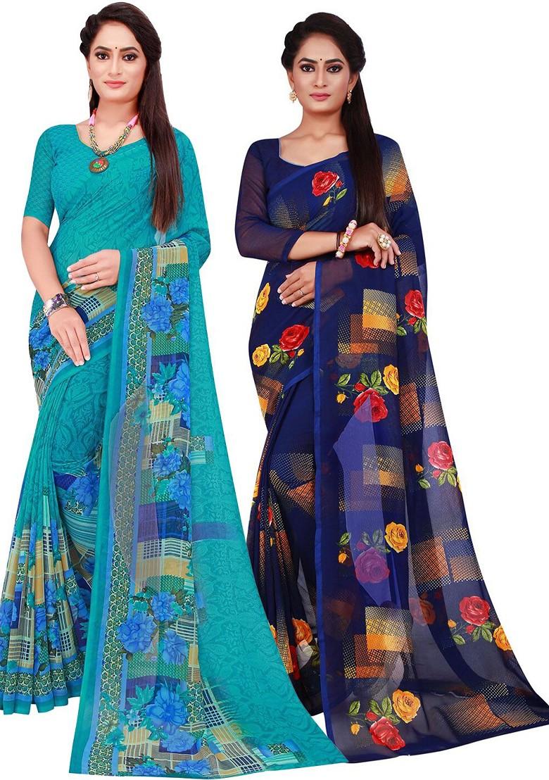 Turquoise Blue Embroidered Georgette Saree Set (Set Of 2)