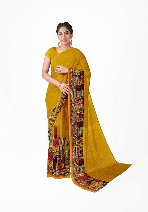 Yellow Floral Georgette Saree Set