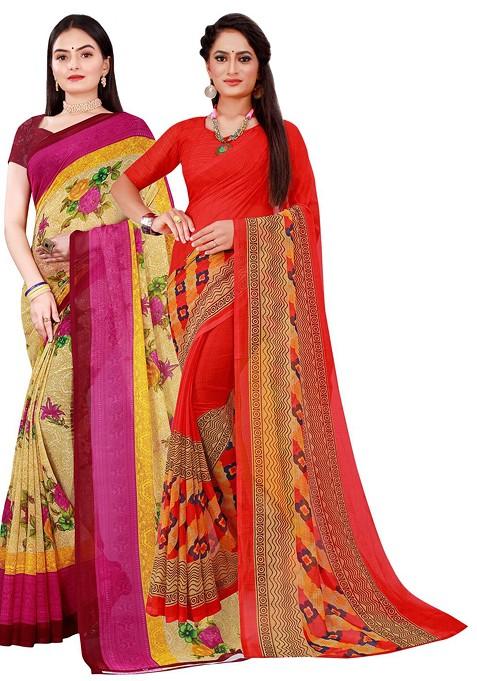 Red Floral Georgette Saree Set