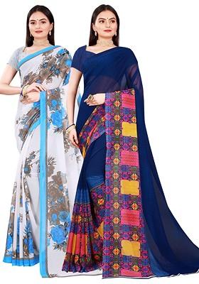 White Floral Georgette Saree Set (Set Of 2)