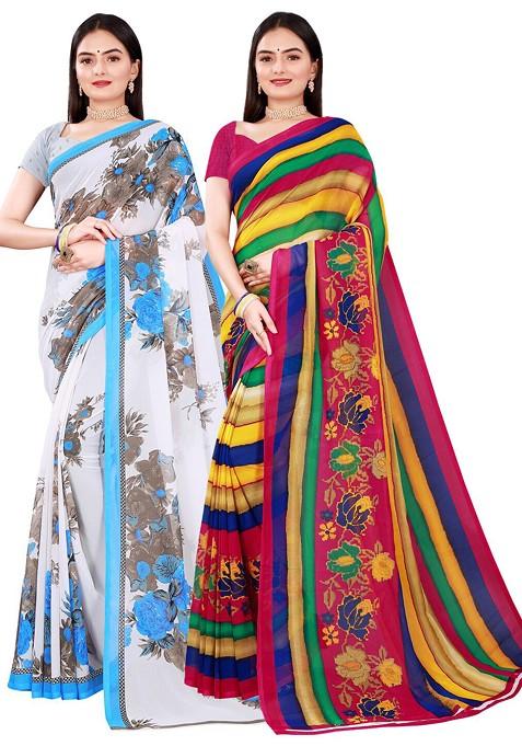 White Floral Georgette Saree Set