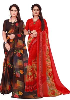 Orange Embroidered Georgette Saree Set (Set Of 2)
