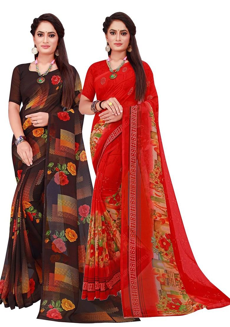 Orange Embroidered Georgette Saree Set (Set Of 2)