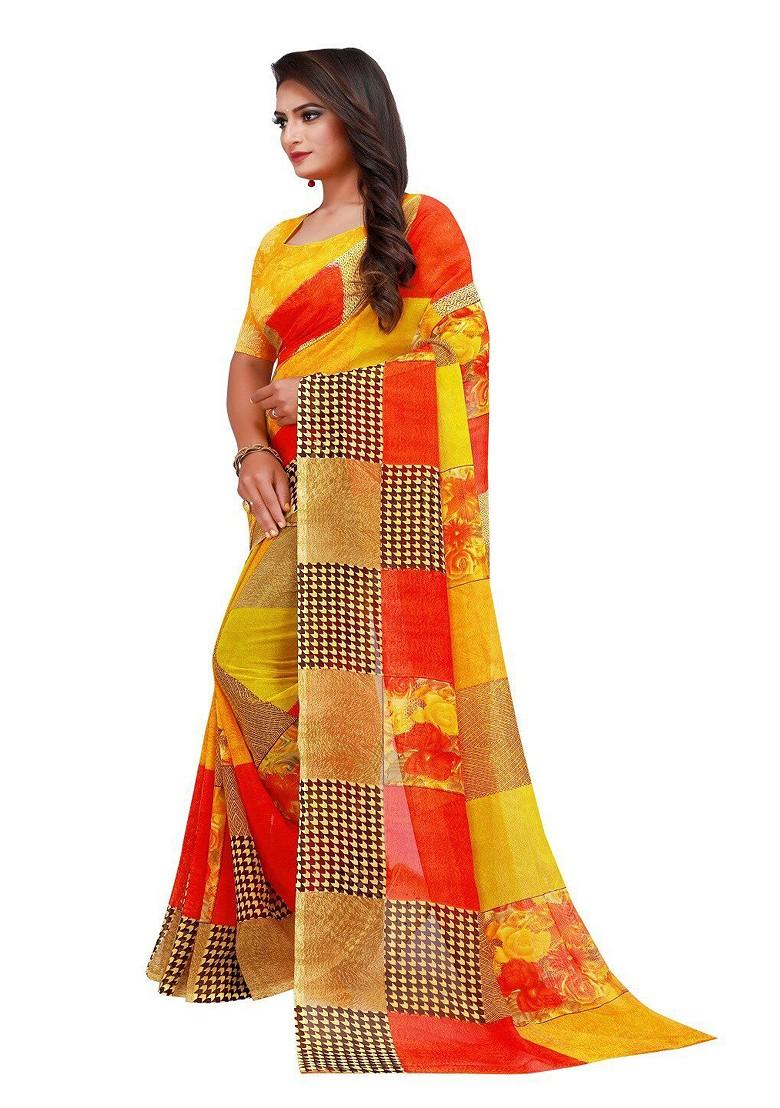 Yellow Embroidered Georgette Saree Set