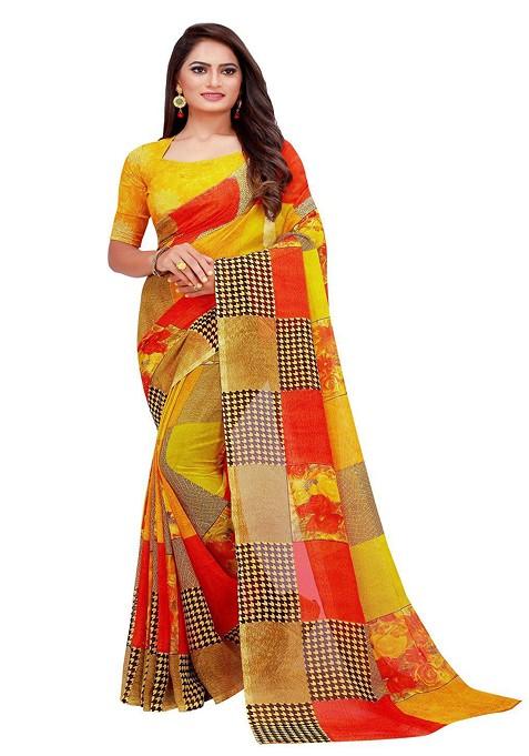 Yellow Embroidered Georgette Saree Set
