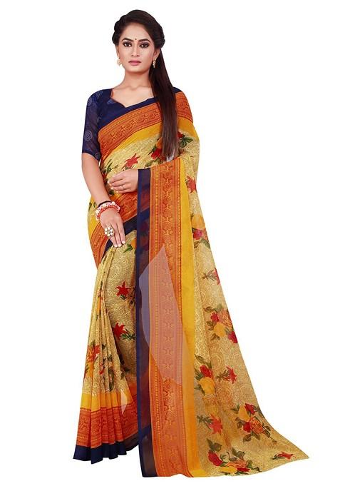 Beige Floral Georgette Saree Set