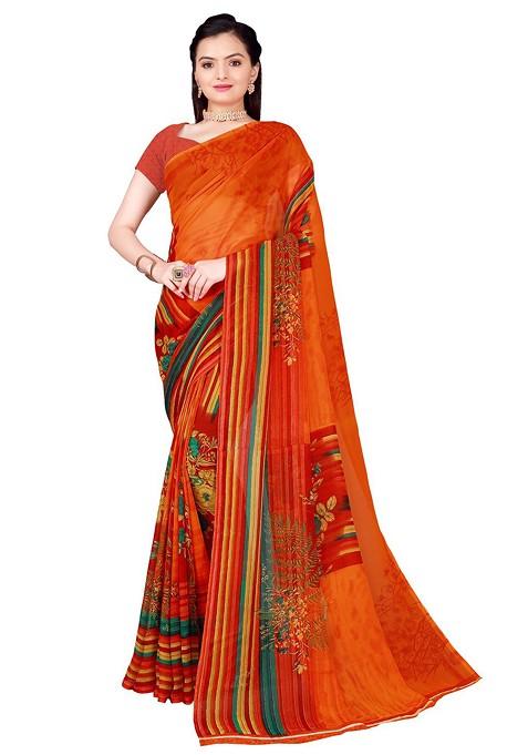 Orange Floral Georgette Saree Set
