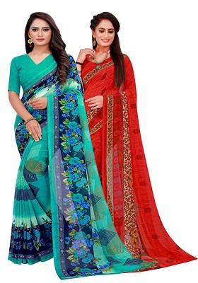 Turquoise Blue Embroidered Georgette Saree Set (Set Of 2)