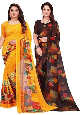 Brown Printed Georgette Saree Set (Set Of 2)