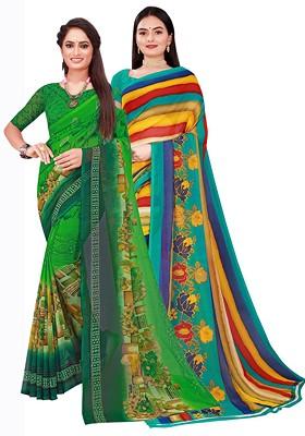 Green Embroidered Georgette Saree Set (Set Of 2)